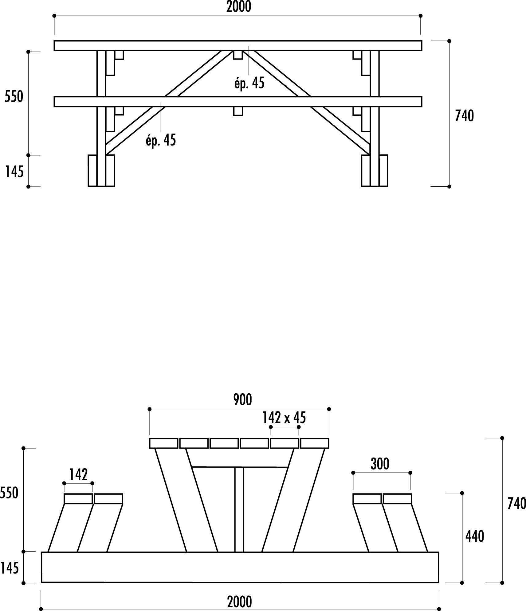 dimensions de la table pique-nique cofradis